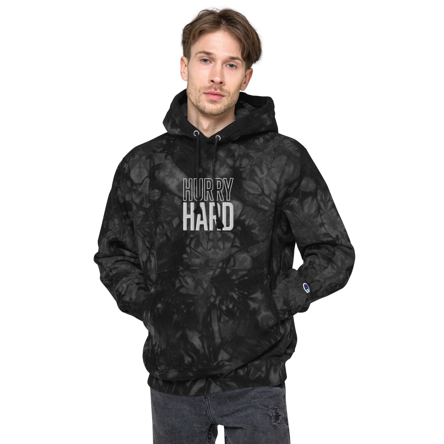 Hurry Hard Champion Tie-Dye Hoodie - Black/White